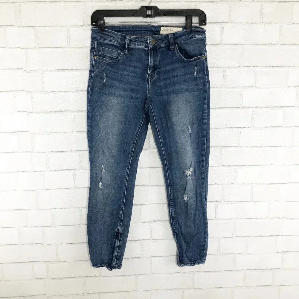 Pistola Distressed Low Rise Skinny Cropped Jeans Zipper Cuffs Women's Size 28